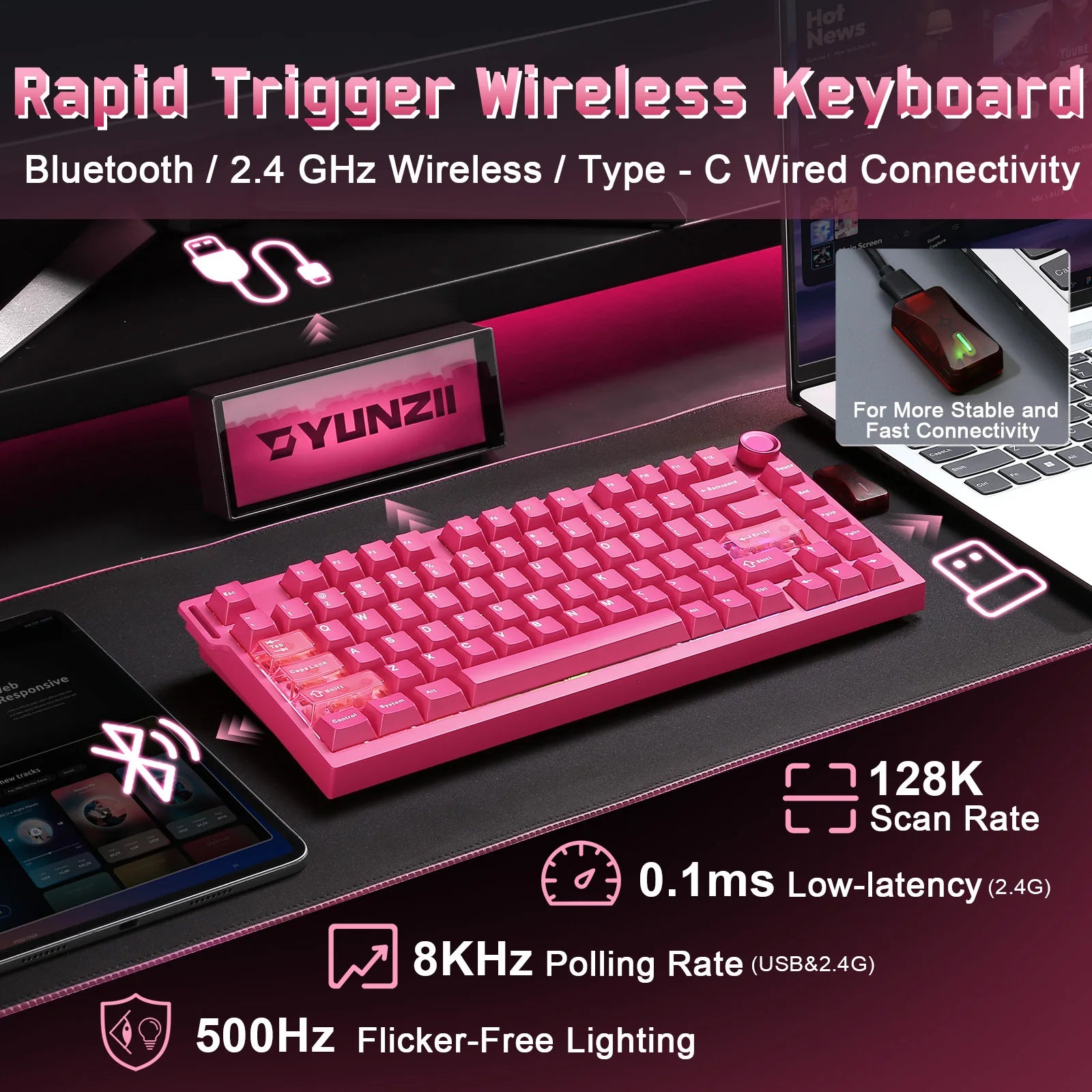 YUNZII RT75 PRO Dual 8K Wireless Gaming Keyboard, Rapid Trigger Mechanical Hall Effect Magnetic Keyboards, RGB Custom SOCD/DKS