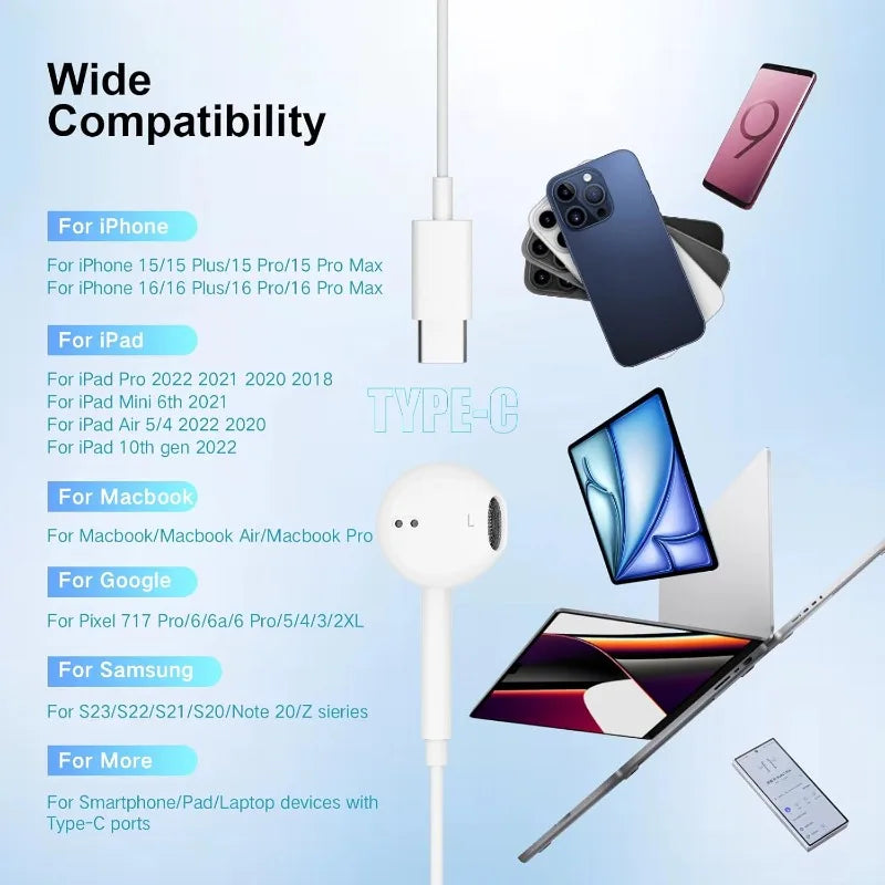 USB C Headphones for ios 16/15 Pro Max Plus, Type C Earbuds for ios Pro Air Mini, for MacBook, Earphones for Google Pixel